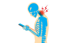 A skeleton holds a phone. A red circle appears over its' neck showcasing pain.