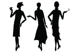 Three clipart figures that appear to care about fashion. One of them is holding an alcoholic beverage, another is holding a cigarette.