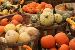 A variety of winter squash sit in baskets.