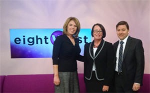 Three people from the Spectrum Health team recently appeared on Eight West. They pose for a photo and smile.
