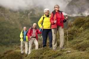 A group of elderly adults hike up a mountain together.