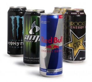 Five cans of energy drinks are shown.