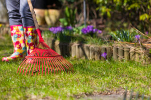 A person uses a red garden rake outside in her yard.