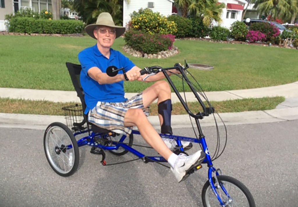 William Boersma is pedaling a tricycle while vacationing in Florida following his rehabilitation.