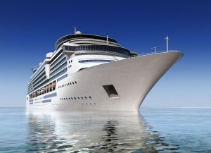 A cruise ship is shown in a body of water.