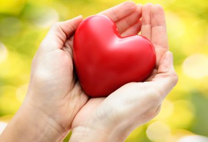 A person holds a red, heart-shaped object in their hands.