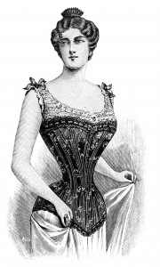 Vintage engraving of a young woman wearing a corset from the late Victorian/early Edwardian period is shown.