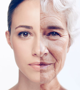 A split face image appears. One side of the face is a young woman, the other side of the face is an elderly woman.