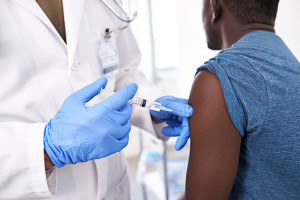 A person gets the flu shot.