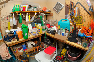 A shed is full of indoor insecticides and materials.