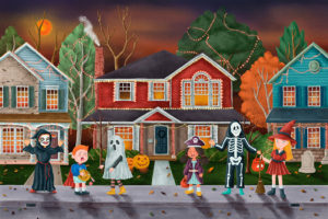 An animated photo of kids in costumes trick-or-treating outside.