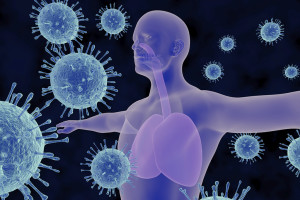 An illustration shows a person surrounded by the flu virus.