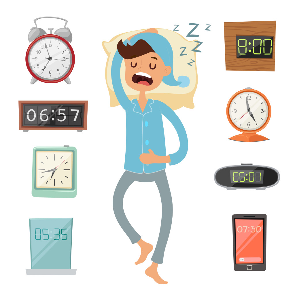 An illustration of a person sleeping next to different kinds of alarm clocks is shown.