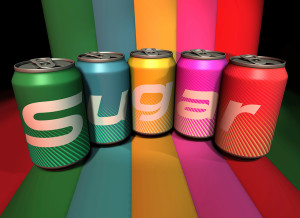 Colorful pop cans spell out the word, sugar.