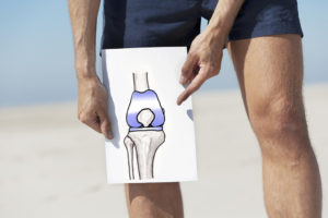 A person holds an anatomical image of a knee in front of their actual knee.