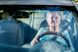 An elderly woman sits behind the wheel of a car.