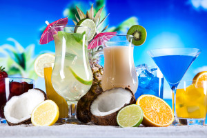 Tropical alcoholic beverages are shown.