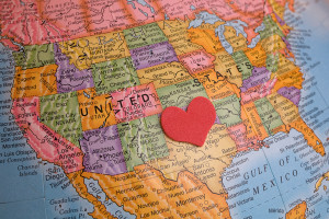 A map of the United States is shown. A heart-shaped object is placed on Texas.