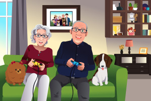 An animated image of two elderly adults playing video games on a couch with two dogs is shown.