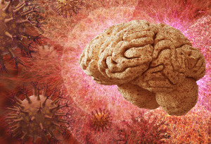 An illustration of a brain surrounded by a virus is shown.