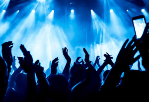 A group of people are shown raising their hands in the air for a concert.