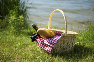 A picnic basket sits in the grass.