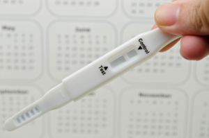 A person holds a fertility test in their hand.