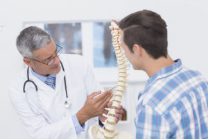 A doctor shows a patient a 3-D diagram of a person's spinal cord.
