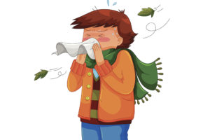 An animated boy sneezes into a tissue.