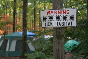 A sign placed outside in the woods says, "WARNING TICK HABITAT." A few tents are shown in the background.