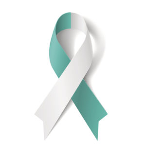 A teal and white ribbon is in focus. The ribbon symbolizes cervical cancer.