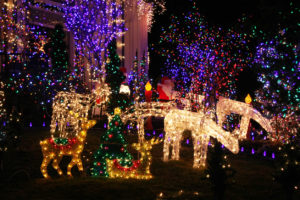 Christmas lights and decorations are shown throughout a person's front yard.