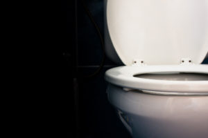A white toilet is in focus. 