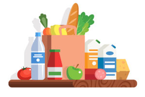 An illustration of a grocery bag filled with healthy foods is shown.
