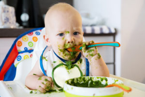 A baby sits at a feeding table and puts a spoon in his mouth. The baby is covered in green baby food.