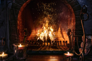 A fireplace is shown.