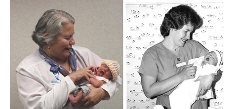 Nurse Kathy Saxton held little Keith Blamer for a photo in 1984 to showcase a volunteer program that knit hats for newborns. Thirty-four years later, Keith asked her to pose for a similar photo with his newborn daughter, Amelia. (For Spectrum Health Beat)