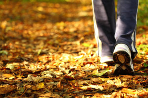 A person walks outside. The ground is covered with yellow and orange leaves.