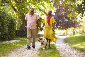 A man and woman holds hands and walk their dog outside. They appear happy.