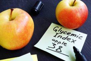 A sticky note reads, "Glycemic Index Apple 38." Two apples are in focus too.
