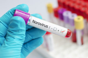 A person wearing medical gloves holds a tube labeled, Norovirus.