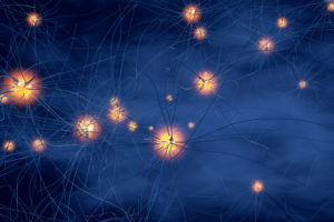 An illustration of nerve fibers is shown. The nerve fibers represent multiple sclerosis.