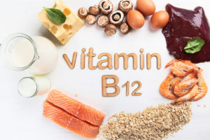 The words "Vitamin B12" are shown surrounded by dairy products, fish, mushrooms, and more.