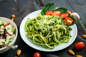 Pasta made from zucchini noodles is shown.