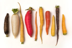 Root vegetables, such as carrots and radishes, are shown.