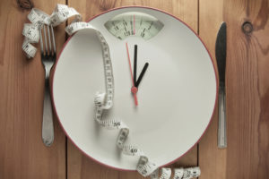 A white plate is shown next to measuring tape. The plate looks like a clock and a scale. It symbolizes that eating between certain hours can affect your weight.
