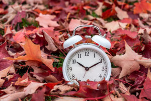 A white alarm clock is shown in a pile of red-colored leaves.