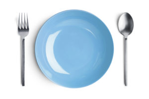 An empty blue plate is shown with a fork and spoon placed next to it.