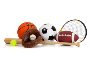 A soccer ball, basketball, football, tennis racket, tennis ball, baseball bat, baseball and baseball mitt are shown.