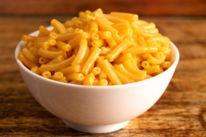 A bowl of mac and cheese is shown.